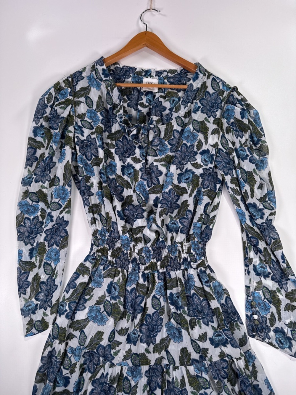MISA Los Angeles Vida Maxi Dress Smocked Floral Lurex Blue Green L - Picture 4 of 16